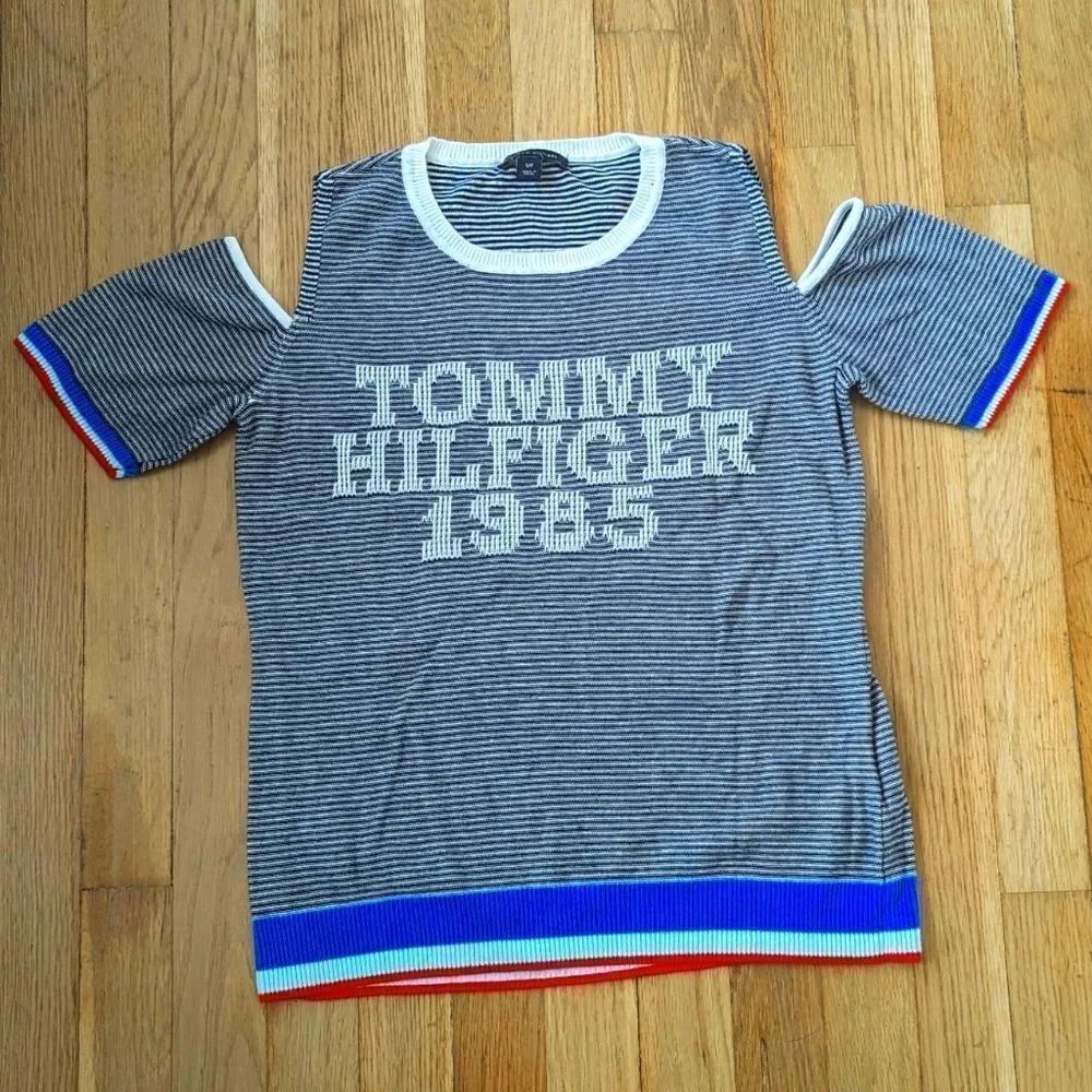 Tommy Hilfiger 1985 Navy and white striped logo graphic sweater top